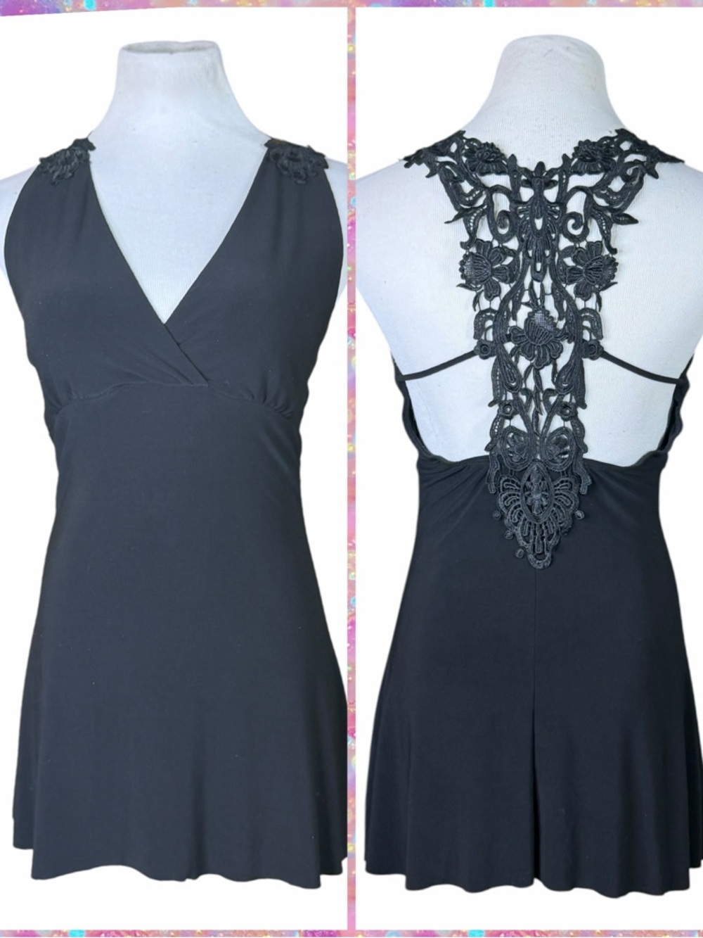 Body Central Black Crochet Open Back V-Neck Halter Top - Size Medium